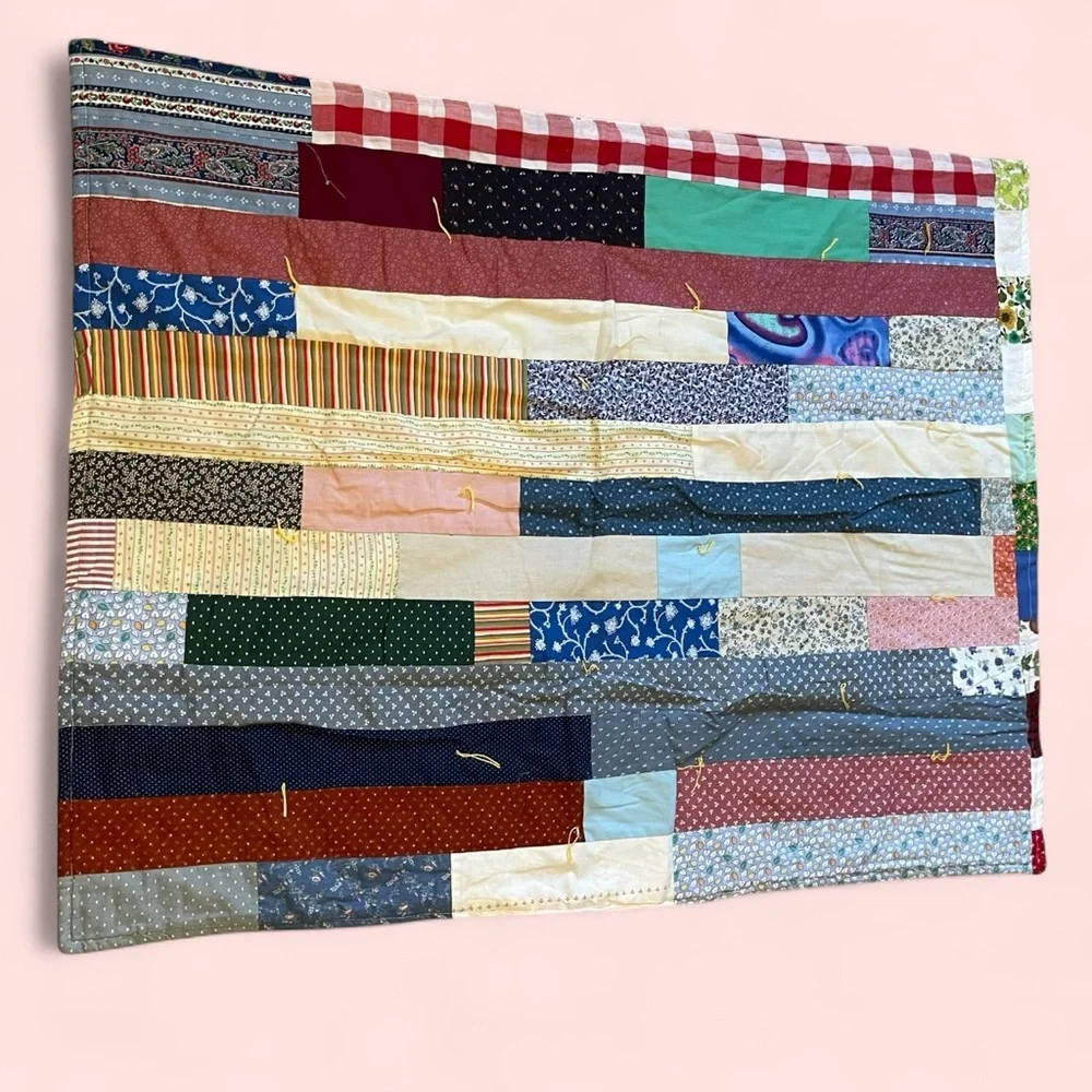 Vintage handmade patchwork cottagecore baby quilt 30”x38” blessings cute